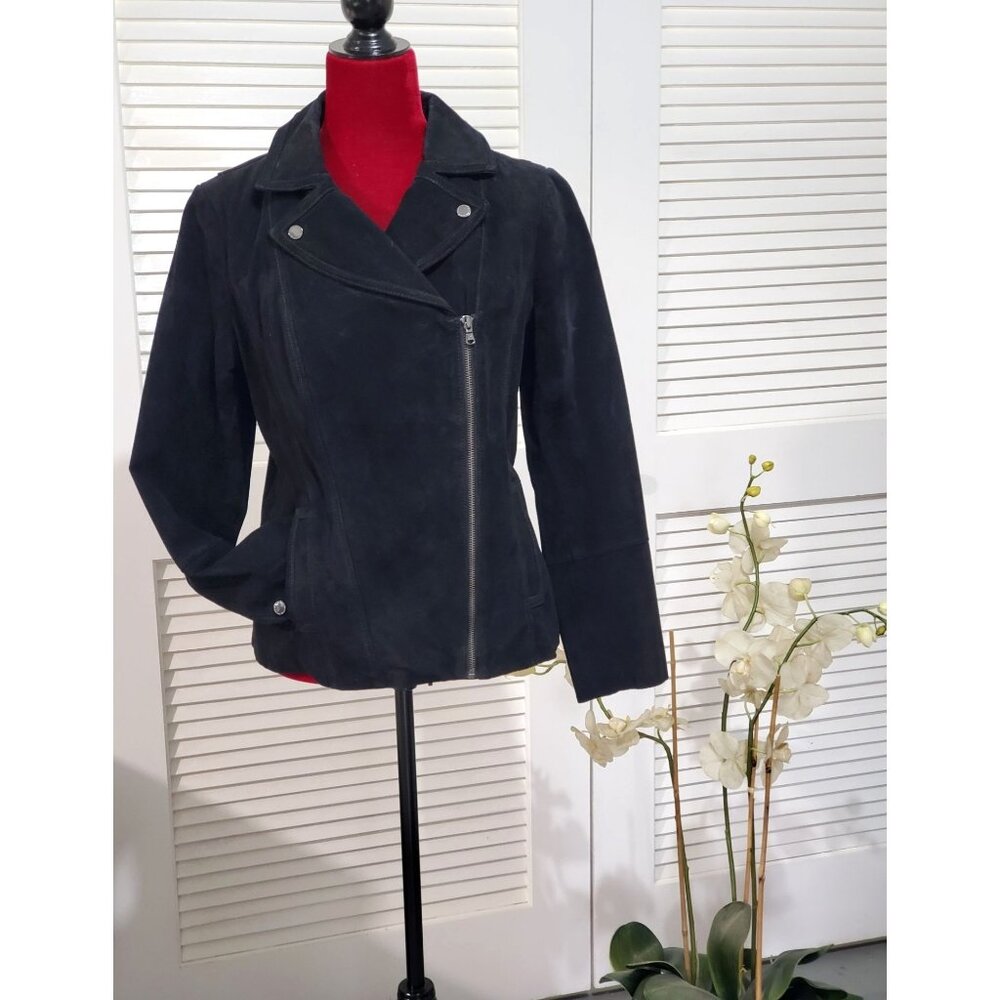 Isaac Mizrahi Women's Black Suede Leather Motorcycle Jacket Size 8 627 - Picture 2 of 13